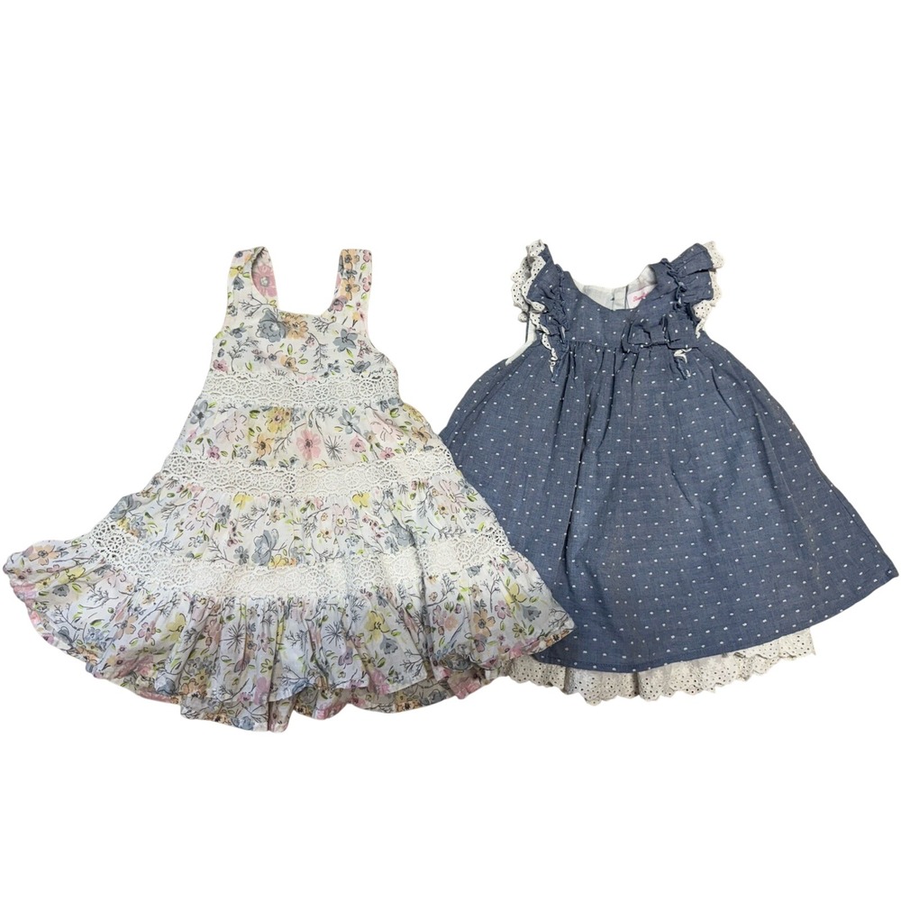 Tommy Bahama Baby Girl Dress Set 12M Floral Lace Tiered Blue Polka Dot Eyelet